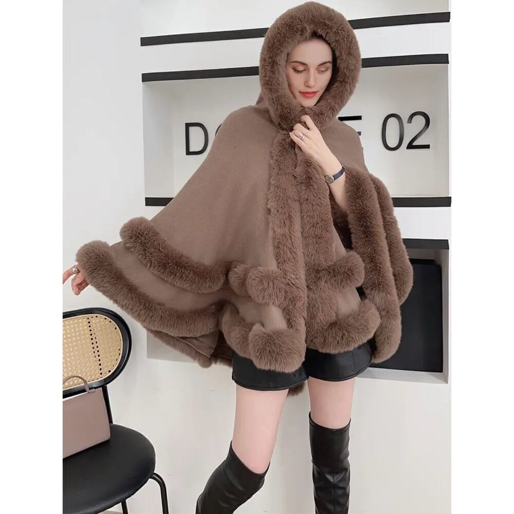 NWT Gorgeous OS Soft Knit Fur Trim Brown Open Hooded Hood Ruana Cape Poncho - Picture 13 of 13